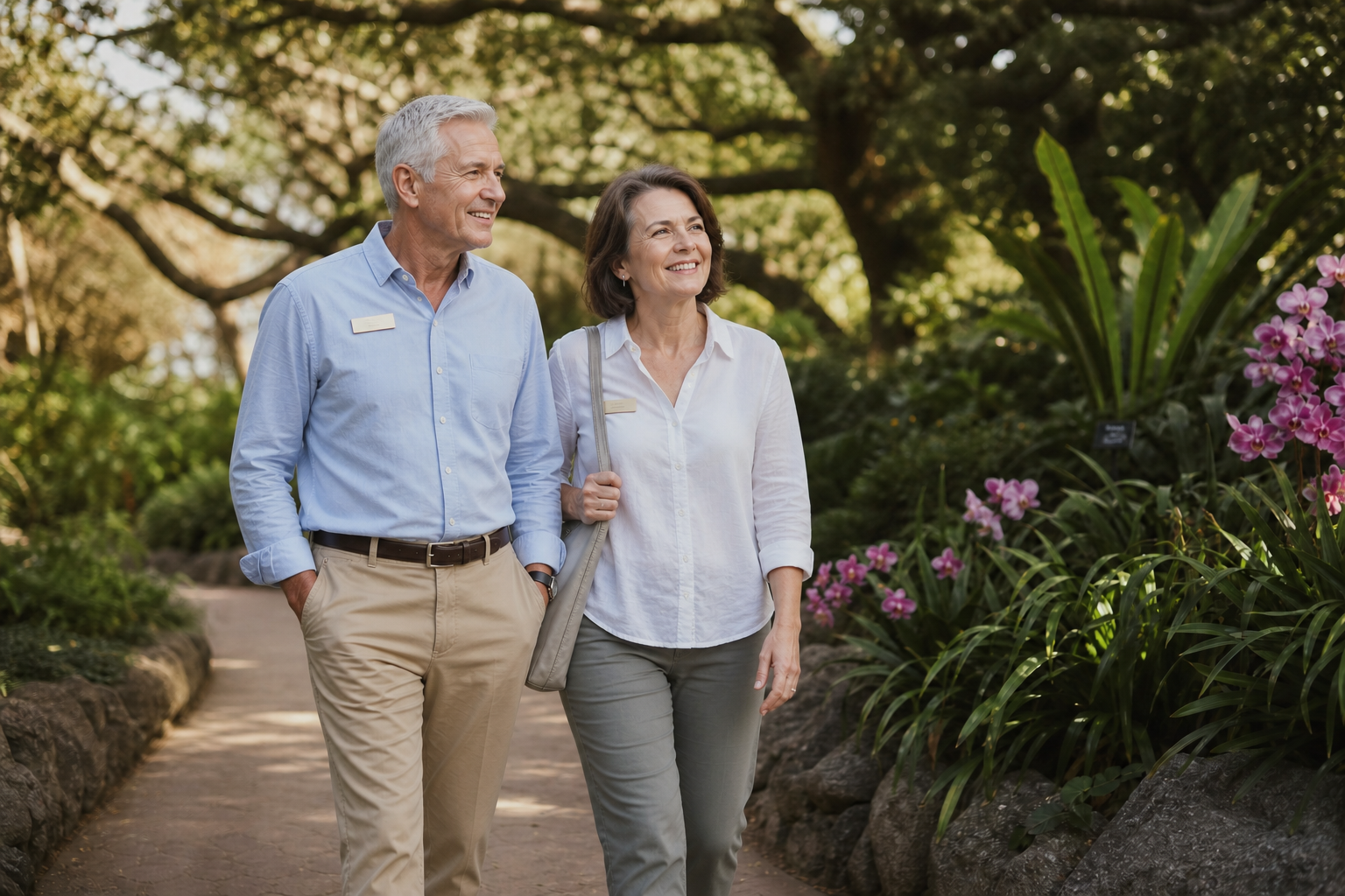 Elderly Couple Stroll in Botanical Garden with Name Tag