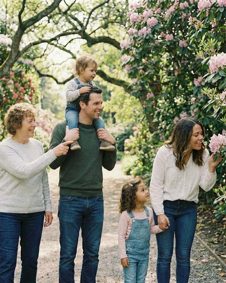 Family walking through a botanical garden