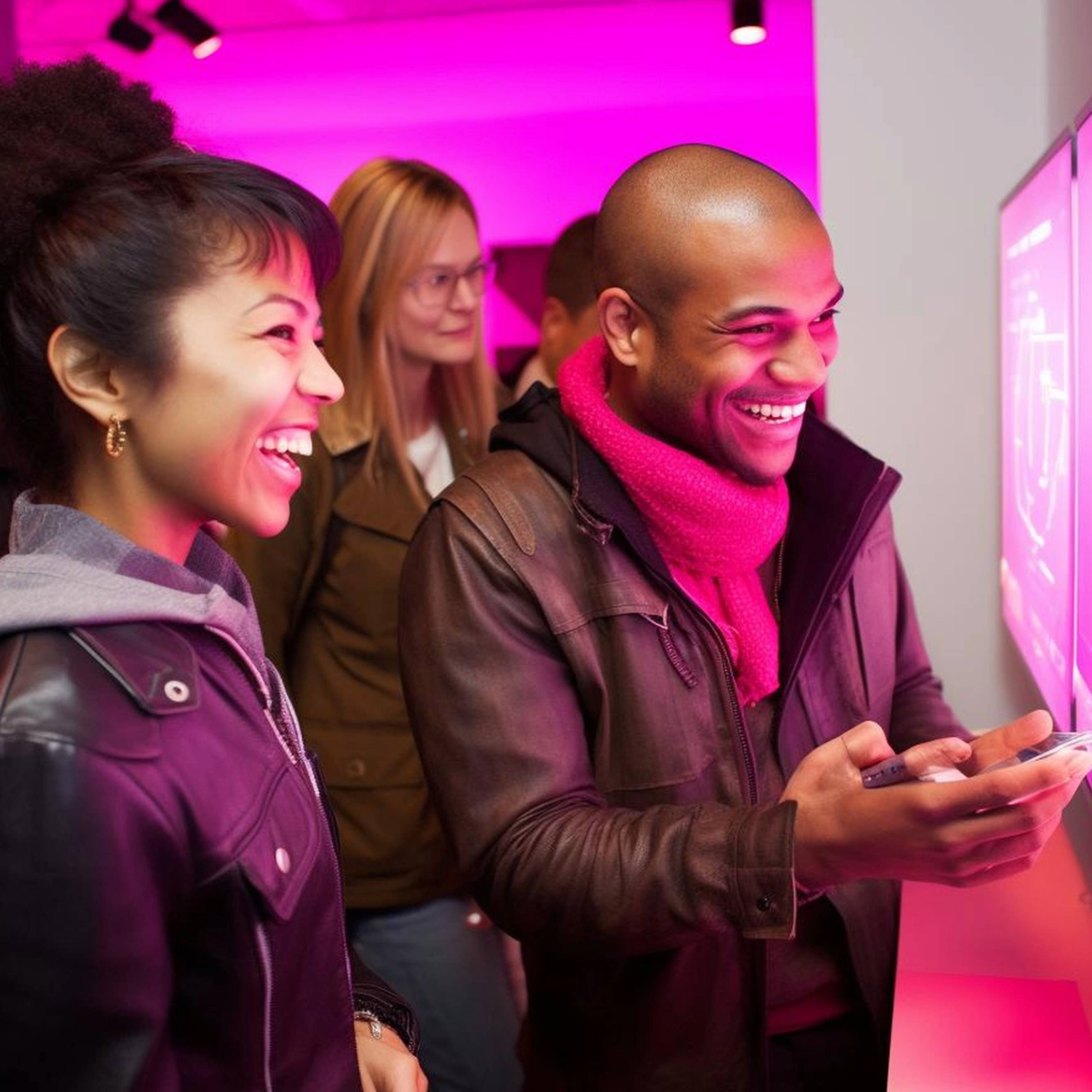 A couple use mobile phone at entry point of immersive experience 