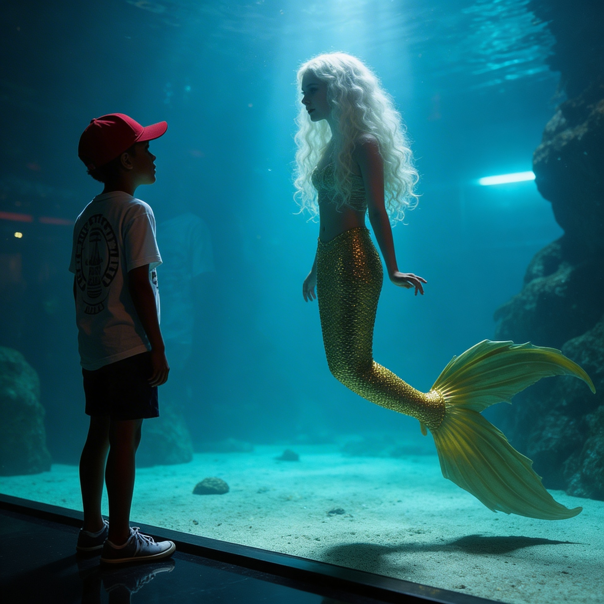 Young boy enjoys a mermaid show at an aquarium