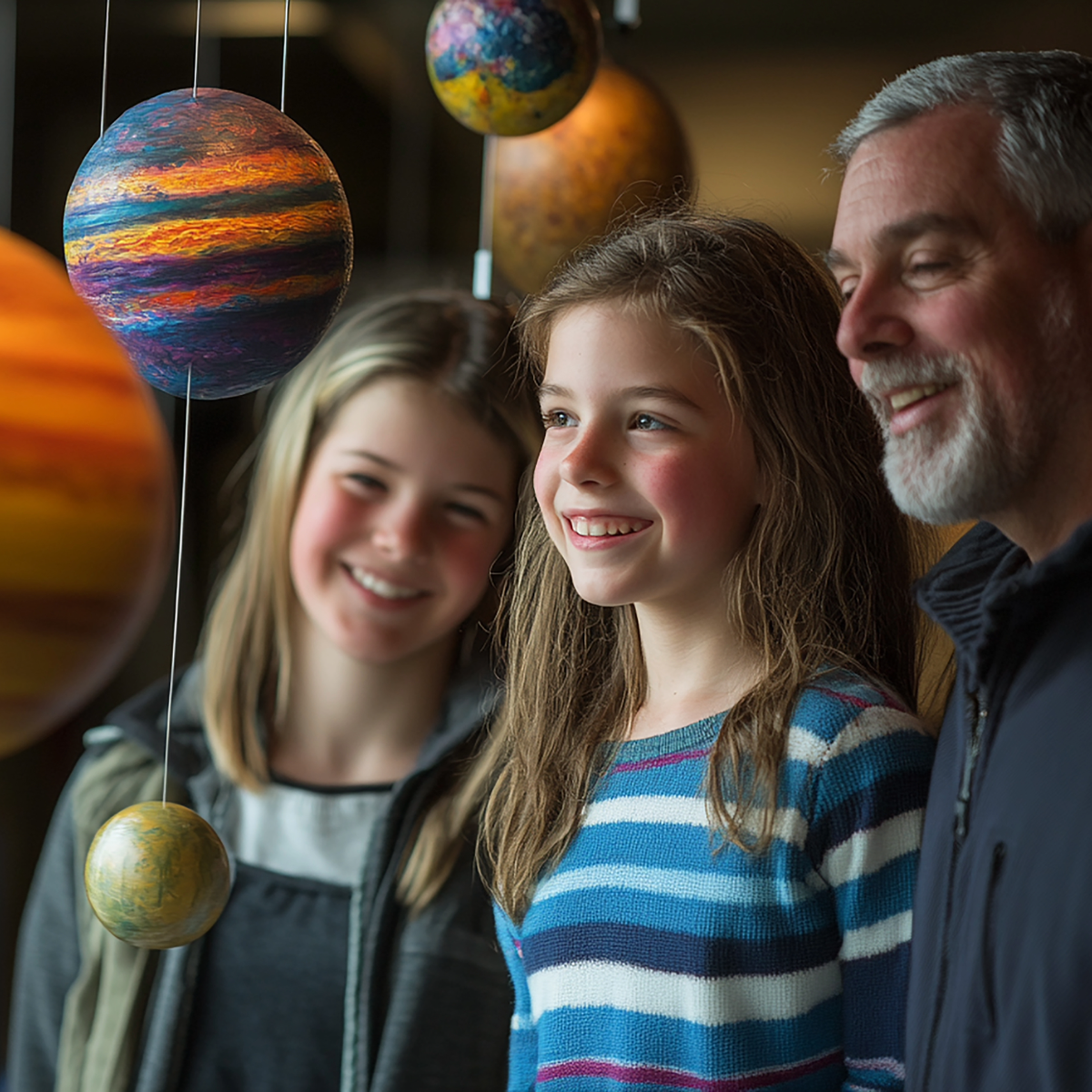family enjoy a science center solar system display