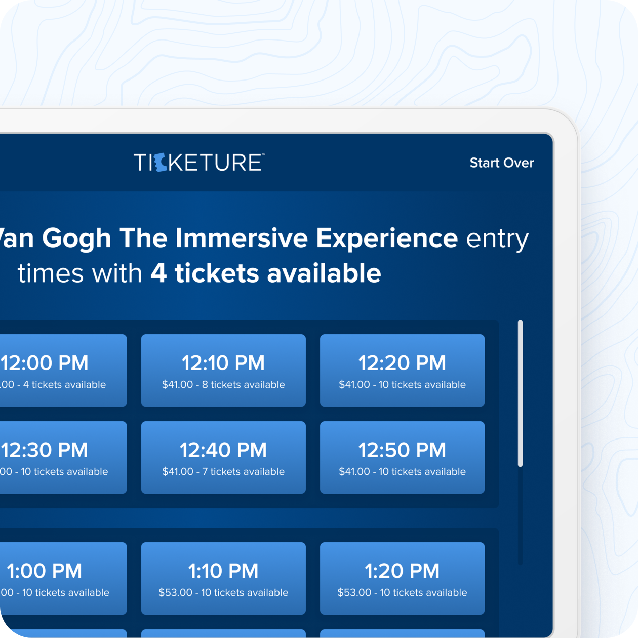 A kiosk interface offering a selection menu of available time slots for an exhibition