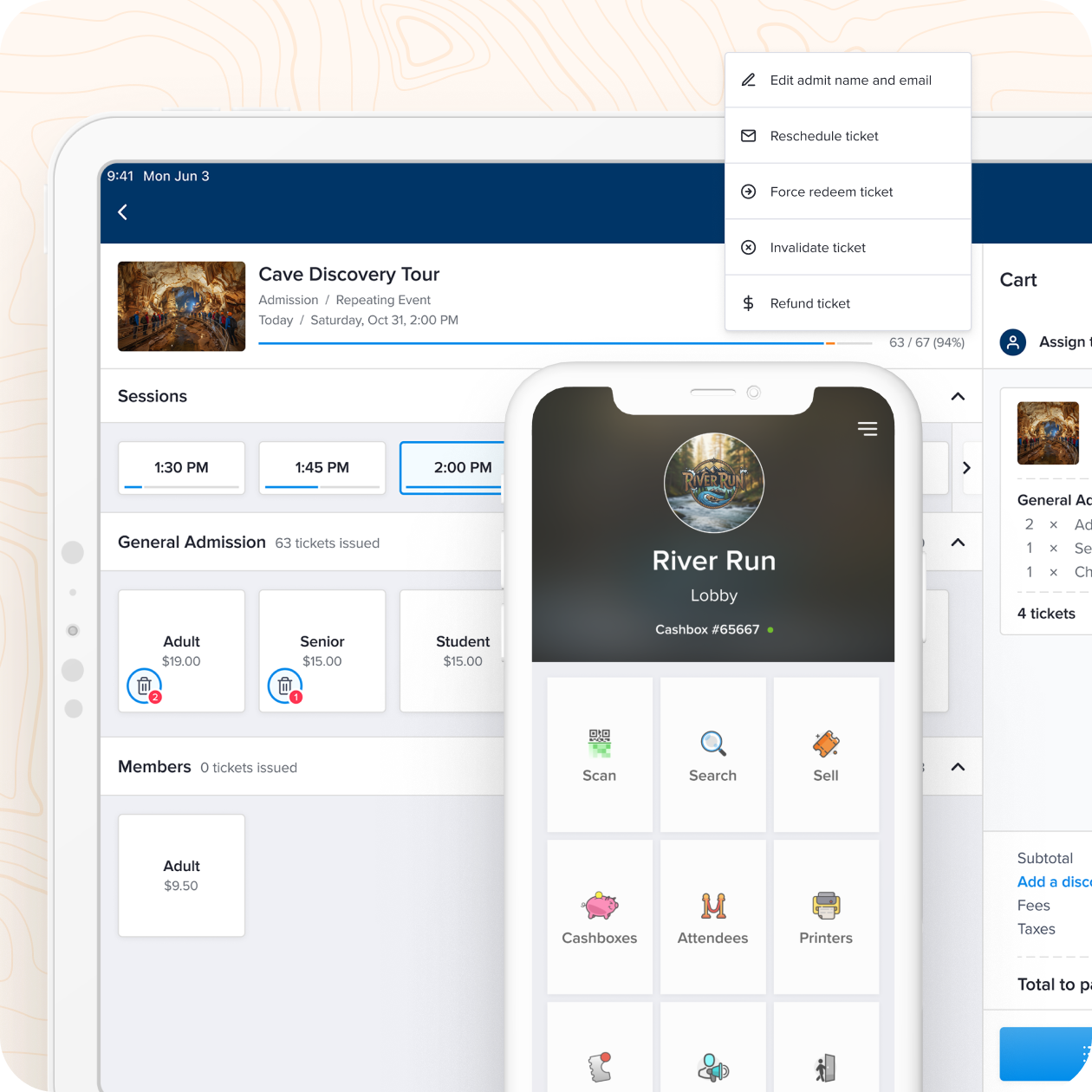 A ticketing point of sale app on mobile and tablet devices