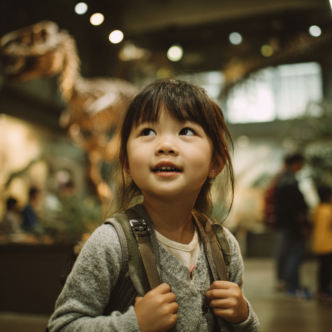 A young girl in amazement of exhibits in a natural history museum