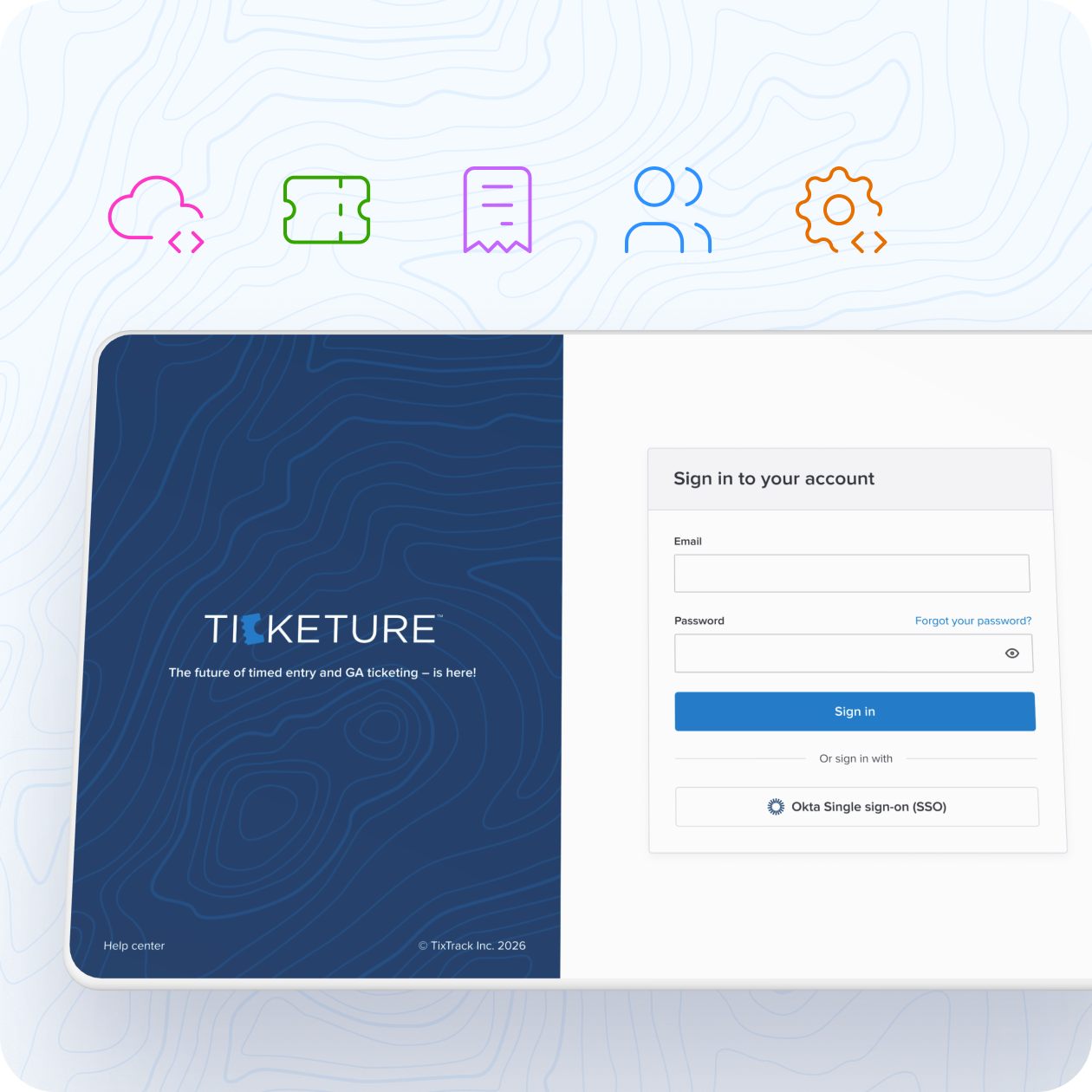 A Ticketure login interface surrounded by icons representing cloud updates, ticket sales, order management, customer management