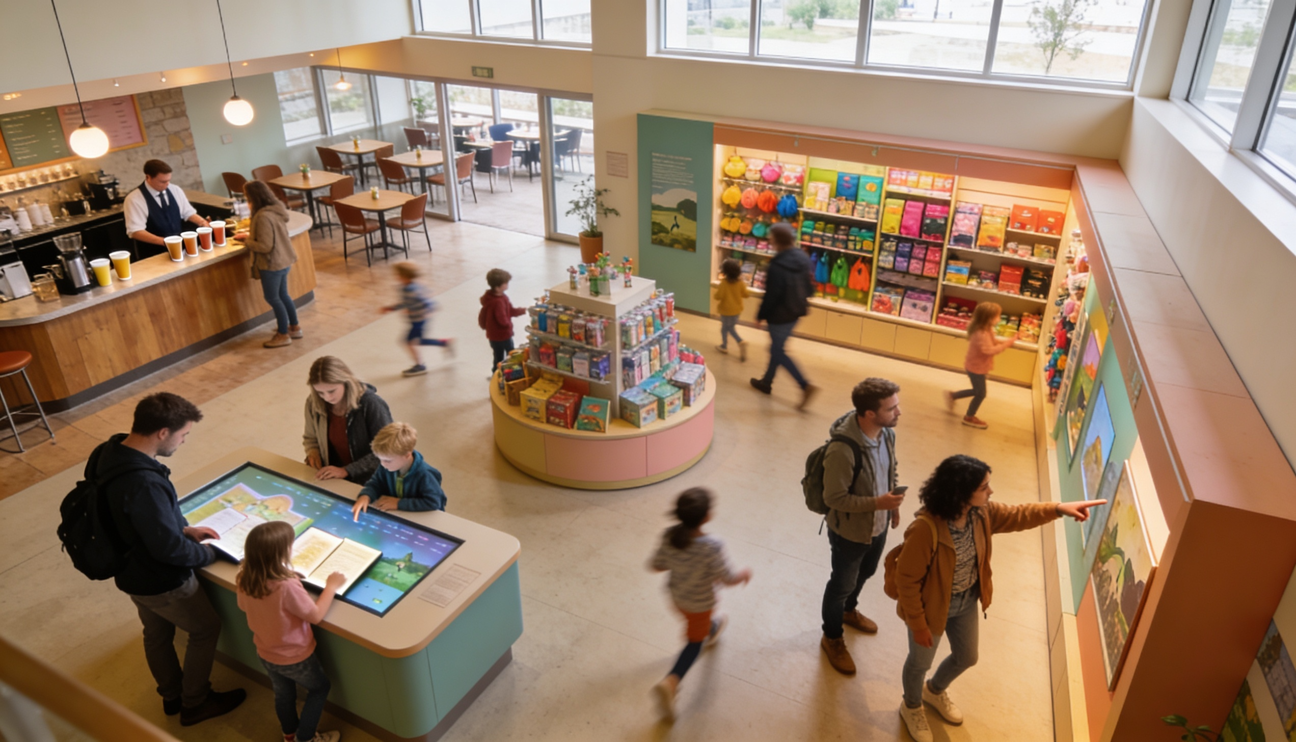 Families exploring a modern museum or visitor attraction, with a gift shop and café visible in the background