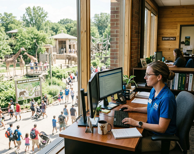 Zoo office staff working on her computer with the zoo's grounds in view