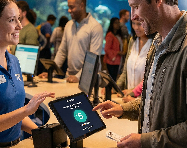 An aquarium staff member guides a guest to donate on a kiosk