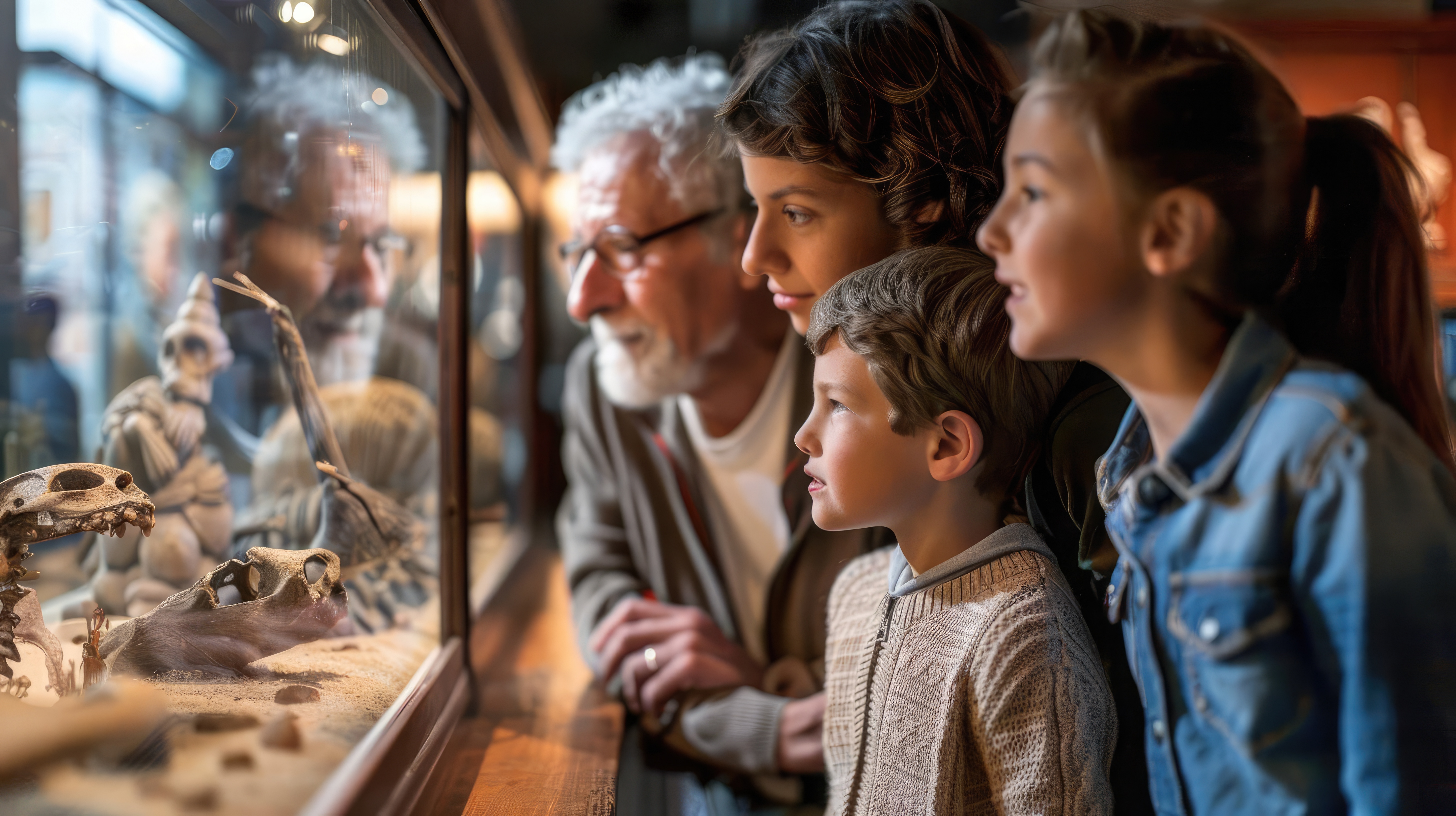 Family with grandpa in a museum look at an exhibt