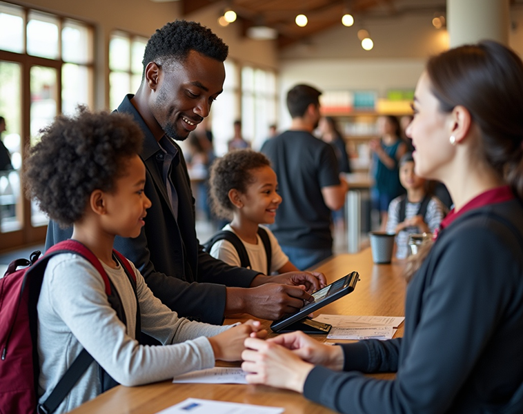 A family purchasing tickets from an attraction's front-desk staff